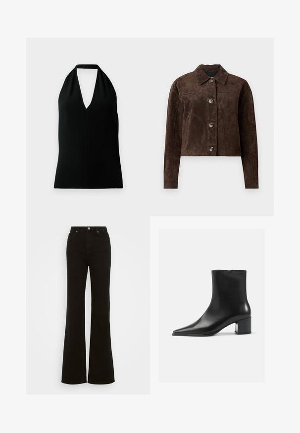 Veste en daim marron avec un col, fermeture à boutons sur le devant, deux poches latérales et un design court. Texture lisse et forme structurée.; Haut sans manches noir en halter avec un décolleté en V profond et une bride dans le dos, présenté sur fond blanc.; Jean évasé noir taille haute en denim, avec une fermeture à bouton, des poches latérales et une texture lisse.; Bottine en cuir noir avec un bout pointu, texture lisse et un talon bloc moyen. Design minimaliste, fermeture éclair à l'arrière.