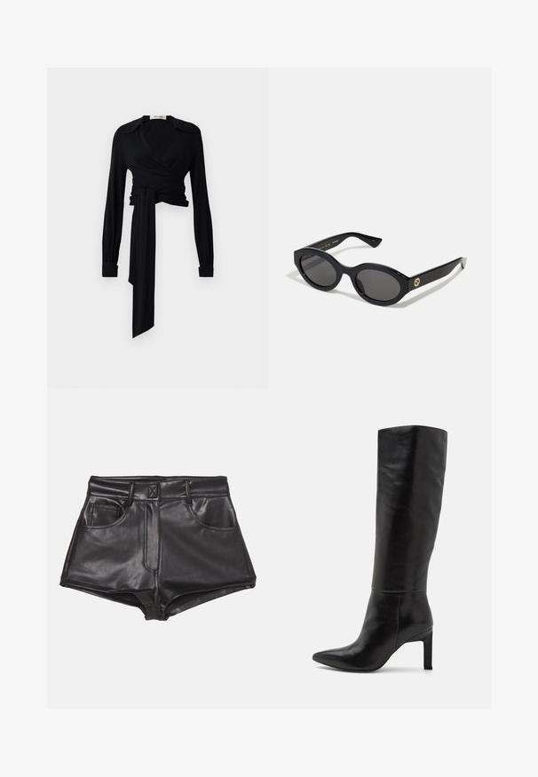Braune Wildlederjacke mit Kragen, vorderem Knopfverschluss, zwei seitlichen Taschen und cropped Design. Glatte Textur und strukturierte Form.; Schwarze Wickelbluse mit langen Ärmeln, verbreiteter Kragen und Binde-Detail an der Taille. Hergestellt aus einem glatten Stoff mit einer leichten Textur.; Schwarze Kurzshorts aus Kunstleder mit hoher Taille, zwei vorderen Taschen, sichtbaren Nähten und einer glatten Textur.; Knöchelhohe schwarze Leder-Stiletto-Stiefel mit spitzer Zehe und glatter Oberfläche. Der Blockabsatz sorgt für Stabilität im Design.; Schwarze ovale Sonnenbrille mit dunklen Gläsern und glänzendem Kunststoffrahmen. Mit goldenem Logo am Bügel, das ein elegantes und modernes Design bietet.