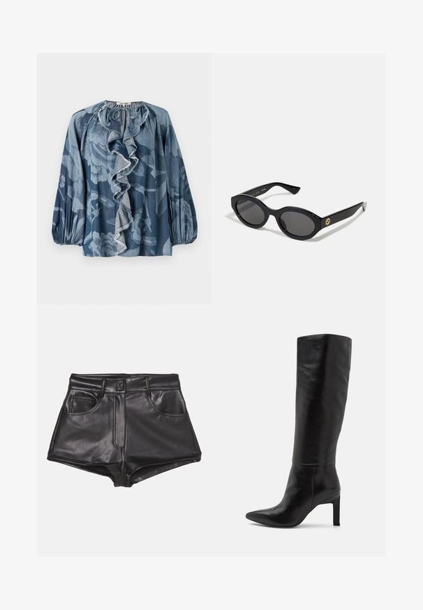 Hnedá semišová bunda s golierom, predným zapínaním na gombíky, dvoma bočnými vreckami a skráteným strihom. Hladká textúra a štruktúrovaný tvar.; Modrá kvetinová blúzka s volánikovým detailom na krku, dlhými rukávmi a textúrovanou látkou. Dizajn zahŕňa rôzne odtiene modrej a jemné vzory.; Čierne šortky z imitácie kože s vysokým pásom, obsahujúce dve predné vrecká, viditeľné švy a hladký povrch.; Čierne kožené čižmy na vysokom opätku s dĺžkou po kolená, špicatou špičkou a hladkým povrchom. Opätok má blokový tvar, čo pridáva stabilitu k dizajnu.; Čierne oválne slnečné okuliare s tmavými sklami a lesklým plastovým rámom. Obsahujú zlaté logo na stráne, čo im dáva elegantný a moderný dizajn.