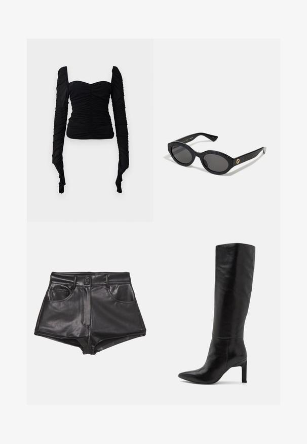 Hnedá semišová bunda s golierom, predným zapínaním na gombíky, dvoma bočnými vreckami a skráteným strihom. Hladká textúra a štruktúrovaný tvar.; Čierny top s dlhými rukávmi, so strihom cez plecia a priliehavou siluetou, s riasenou textúrou. Materiál vyzerá elasticky a hladko.; Čierne šortky z imitácie kože s vysokým pásom, obsahujúce dve predné vrecká, viditeľné švy a hladký povrch.; Čierne kožené čižmy na vysokom opätku s dĺžkou po kolená, špicatou špičkou a hladkým povrchom. Opätok má blokový tvar, čo pridáva stabilitu k dizajnu.; Čierne oválne slnečné okuliare s tmavými sklami a lesklým plastovým rámom. Obsahujú zlaté logo na stráne, čo im dáva elegantný a moderný dizajn.