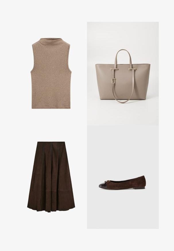 Brun mockaskinnjacka med krage, knappstängning framtill, två sidofickor och kort design. Slät textur och strukturerad form.; Ärmlös brun topp med mock-neck i mjukt tyg, med en slät yta och en enkel design utan ytterligare mönster eller detaljer.; Brun mockaskirt midi med en utsvängd design och vertikal sömdetaljering, med en slät textur och en bred fåll.; Bruna mockasiner i mocka med en glänsande mörkbrun lacklädertå och en liten rosettdetalj fram. Platt klack.; Beige läder tote-väska med guldfärgad hårdvara, dubbla handtag upptill och en slät texturerad finish. Har logotypen präglad på framsidan.