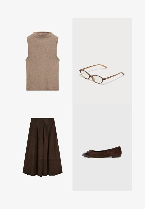 Braune Wildlederjacke mit Kragen, vorderem Knopfverschluss, zwei seitlichen Taschen und cropped Design. Glatte Textur und strukturierte Form.; Ärmelloses braunes Oberteil mit Stehkragen, hergestellt aus einem weichen Stoff, der eine glatte Textur und ein schlichtes Design ohne zusätzliche Muster oder Akzente aufweist.; Braune Wildledermidi mit einem ausgestellten Design und vertikalen Nahtdetails, die eine glatte Textur und einen breiten Saum aufweist.; Braune Wildleder-Balletschuhe mit einer glänzenden dunkelbraunen Lackleder-Zehenkappe und einem kleinen Schleifenakzent vorne. Flacher Absatz.; Braune Schildpatt-Brille mit ovalen Gläsern, dünnen Bügeln und transparenten Akzenten. Verfügt über ein dezentes Logo am Bügel. Elegantes, leichtes Design.; Beige Leder-Tote mit goldenen Beschlägen, doppelten oberen Griffen und einer glatten Textur. Mit geprägtem Logo auf der Vorderseite.