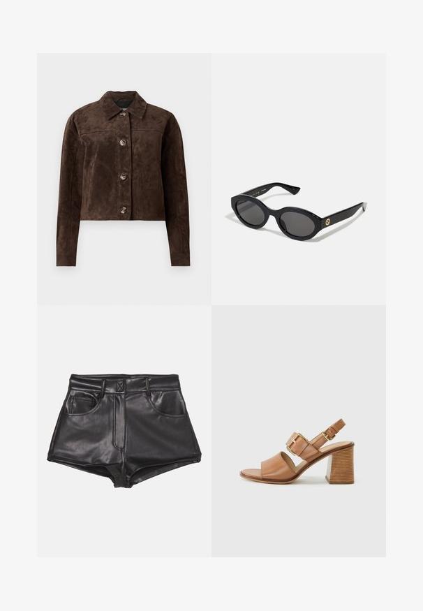 Ruskea mokkaliivi, jossa on kauluskanta, etupainikekiinnitys, kaksi sivutaskua ja lyhyt muotoilu. Sujuva pinta ja jämäkkä muoto.; Ruskea lyhythihainen toppi, jossa on neliönmuotoinen kaula-aukko, valmistettu sileästä kankaasta. Sisältää vartalonmyötäisen muotoilun ja siistit, huolitellut reunat.; Mustat keinonahkaisista shortsit korkealla vyötäröllä, joissa on kaksi etutaskua, näkyvät ompeleet ja sileä pinta.; Ruske nahodne sandale s visokom potpeticom, širokim prednjim remenom, podesivim remenom za gležanj s zlatnom kopčom i teksturiranim blok petom.; Mustat soikeat aurinkolasit tummilla linsseillä ja kiiltävästä muovista valmistetulla kehällä. Varustettu kullanvärisellä logolla temppeleissä, tarjoten tyylikkään ja modernin muotoilun.; Mustekka nahkainen laukku, jossa on ketjuolkaimet, pääkallon yksityiskohdat ja vetoketjukiinnitys. Rakenne on teksturoitu ja siinä on kiiltävä pinta.