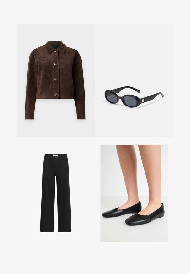 Hnědá semišová bunda s límečkem, popperovým zapínáním v přední části, dvěma bočními kapsami a zkráceným střihem. Hladká textura a strukturovaný tvar.; Černý rolák s dlouhým rukávem, vyrobený z žebrované látky, má upnutý střih s vysokým výstřihem a žádné vzory ani akcenty.; Kaffe KABROOK HW REG FIT JEANS - Široké džíny - black deep; Černé baletky vyrobené z hladké kůže, s kulatou špičkou a nízkou, plochou podrážkou, s designem na nazouvání a bez viditelného kovového zapínání.; Černé oválné sluneční brýle s tmavými skly, lesklým plastovým rámem, širokými stranami a malým zlatým detailem na jedné straně.