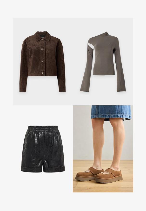 Chaqueta de ante marrón con cuello tipo solapa, cierre frontal de botones, dos bolsillos laterales y un diseño corto. Textura suave y forma estructurada.; Top asimétrico de manga larga en verde oliva, con un corte en un hombro, textura suave y diseño de manga acampanada.; Pantalones cortos negros hechos de un material brillante y texturizado con un patrón de piel de serpiente. Cintura elástica y dobladillos acampanados. Aptos para uso casual.; Zapatos de plataforma de ante marrón con punta redonda, detalles recortados y una suela resistente, acompañados de una falda de mezclilla en un entorno de suelo de madera.