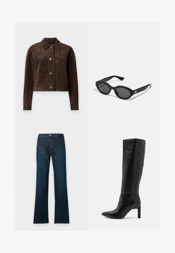 Brązowa kurtka ze zamszu z kołnierzykiem, z przodu na guziki, dwoma bocznymi kieszeniami i skróconym krojem. Gładka faktura i zróżnicowany kształt.; Biała koszulka z bawełny, z krótkimi rękawami i okrągłym dekoltem. Charakteryzuje się luźnym krojem oraz minimalistycznym stylem, bez wzorów i dodatków.; Granatowe dzwony z denimu, z wysokim stanem, kontrastującymi przeszyciami oraz unikalnym ukośnym wzorem przedniej kieszeni.; Czarno skórzane kozaki do kolan na wysokim obcasie, z wąskim noskiem i gładką fakturą. Obcas w stylu blokowym zapewnia stabilność konstrukcji.; Czarne okulary przeciwsłoneczne w owalnym kształcie z ciemnymi szkłami i błyszczącą plastikową oprawką. Posiadają złote logo na zausznniku, co nadaje im elegancki i nowoczesny wygląd.