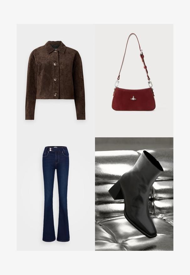 Rudas zomšos švarkas su apykakle, priekiniais mygtukais, dviem šoninėmis kišenėmis ir trumpu fasonu. Lygus paviršius ir išraiškingas siluetas.; Smėlio spalvos ilgos rankovės golfo megztinis, pagamintas iš minkštos, tekstūruotos medžiagos; turi siaurą siluetą ir aukštą apykaklę. Nėra matomų raštų ar detalių.; Tamsiai mėlynos plačios džinsinės kelnės su aukštu liemeniu, dviem priekinėmis kišenėmis ir dviem mygtukais. Pagamintos iš lygios tekstūros džinsinio audinio.; Juodos kulkšnies botai, pagaminti iš blizgaus medžiagos, su kvadratine padu ir siauru kulnu, prieš blizgiai sidabrinį pūsto audinio foną.; Raudona zomšinė petnešinė rankinė su linkusia forma. Pabrėžia sidabrinio atspalvio akcentas ir reguliuojama petneša su detaliu apdorojimu. Lygi tekstūra.