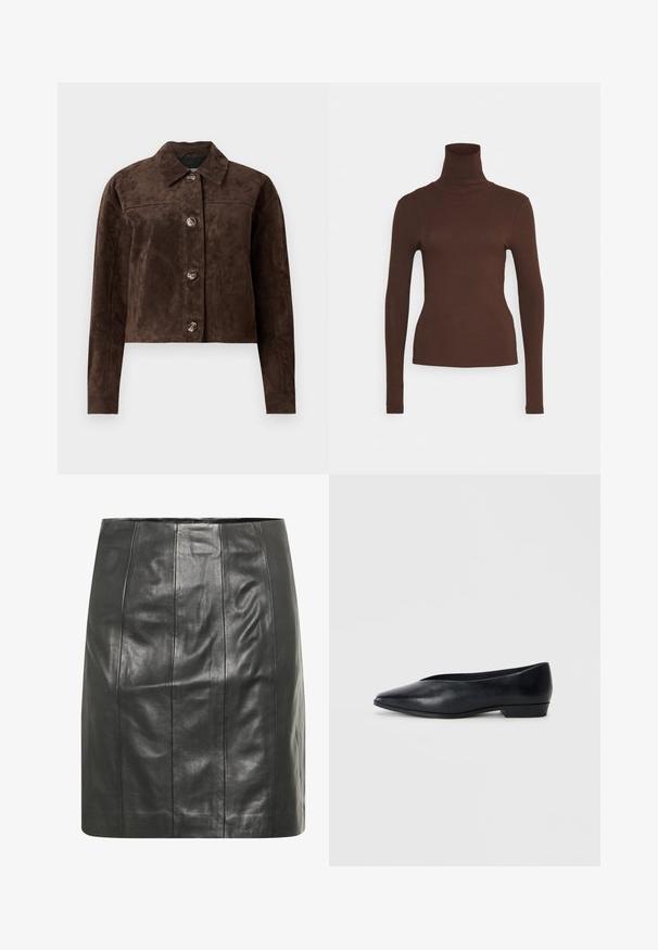 Veste en daim marron avec un col, fermeture à boutons sur le devant, deux poches latérales et un design court. Texture lisse et forme structurée.; Pieces PCKITTE ROLLNECK - T-shirt à manches longues - chicory coffee; Jupe en cuir noir avec une silhouette ajustée, présentant des coutures verticales pour plus de texture et une finition lisse.; Chaussure plate en cuir noir avec un bout pointu, un léger talon surélevé et une surface lisse. Design simple sans matériel ou motifs visibles.