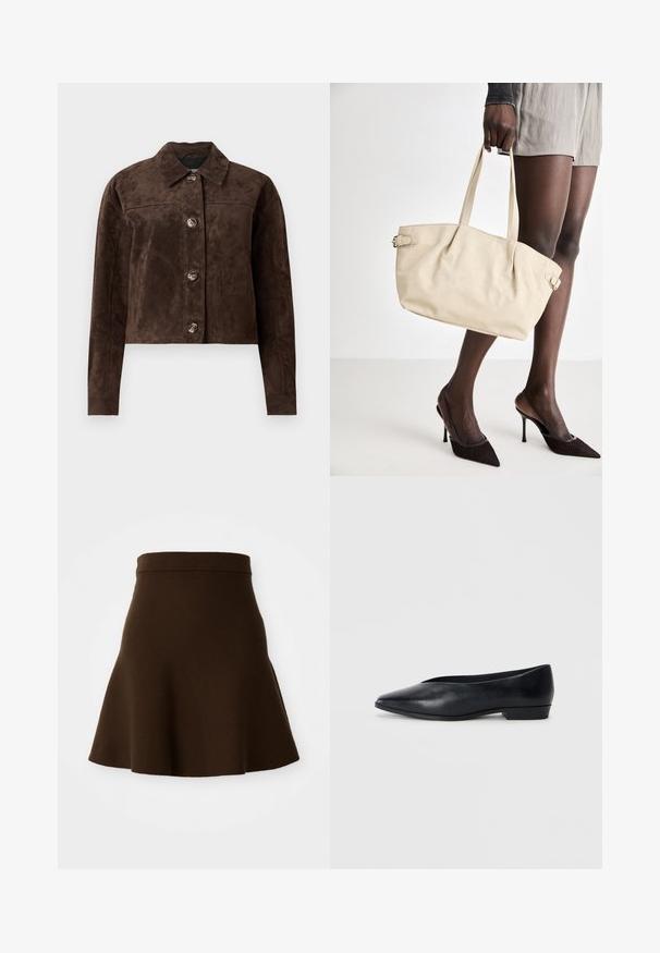 Giacca in suede marrone con collo, chiusura anteriore con bottoni, due tasche laterali e design cropped. Texture liscia e forma strutturata.; Pieces PCKITTE ROLLNECK - Maglietta a manica lunga - chicory coffee; Gonna svasata marrone realizzata in un tessuto morbido con una texture liscia. Presenta una vita aderente e un design lungo fino al ginocchio, senza motivi visibili.; Scarpa piatta in pelle nera con punta appuntita, tacco leggermente rialzato e superficie liscia. Design semplice senza hardware o motivi visibili.; Borsa a tracolla beige con una finitura in pelle liscia, forma strutturata, due manici e dettagli a scatto laterali. Abbinata a eleganti tacchi neri.