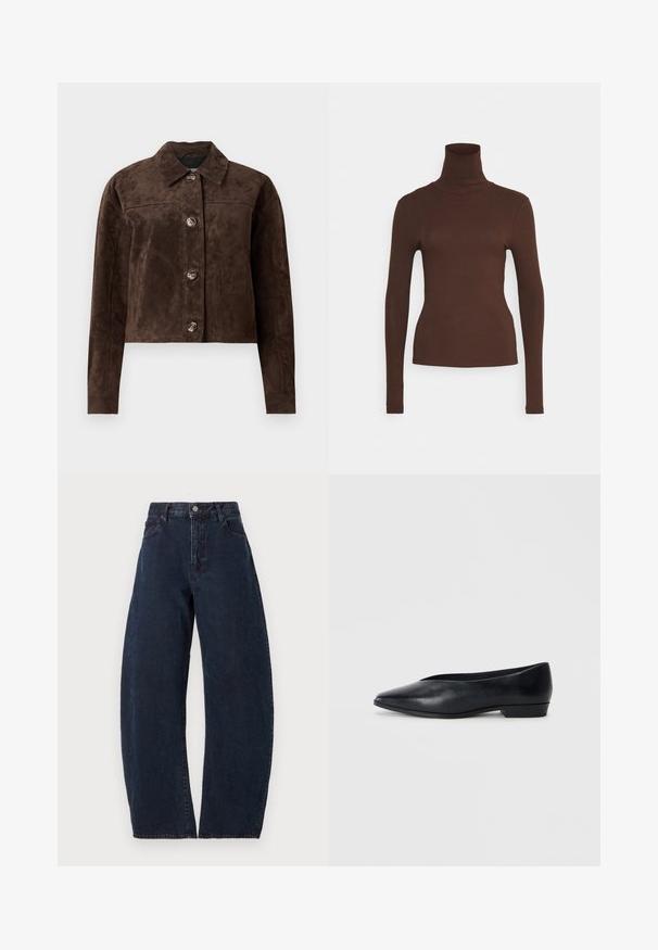Brown suede jacket with a collared neck, front button closure, two side pockets, and a cropped design. Smooth texture and structured shape.; Pieces PCKITTE ROLLNECK - Long sleeved top - chicory coffee; High-waisted, wide-leg jeans in dark blue denim. Features a button closure, five pockets, and subtle texture. No visible patterns or accents.; Black leather flat shoe with a pointed toe, slightly raised heel, and smooth surface. Simple design with no visible hardware or patterns.