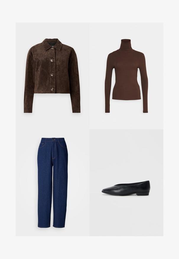 Veste en daim marron avec un col, fermeture à boutons sur le devant, deux poches latérales et un design court. Texture lisse et forme structurée.; Pieces PCKITTE ROLLNECK - T-shirt à manches longues - chicory coffee; Pantalon large en denim bleu foncé à taille haute, avec des coutures orange, des poches avant et une fermeture à bouton. Texture lisse avec de légères nuances.; Chaussure plate en cuir noir avec un bout pointu, un léger talon surélevé et une surface lisse. Design simple sans matériel ou motifs visibles.