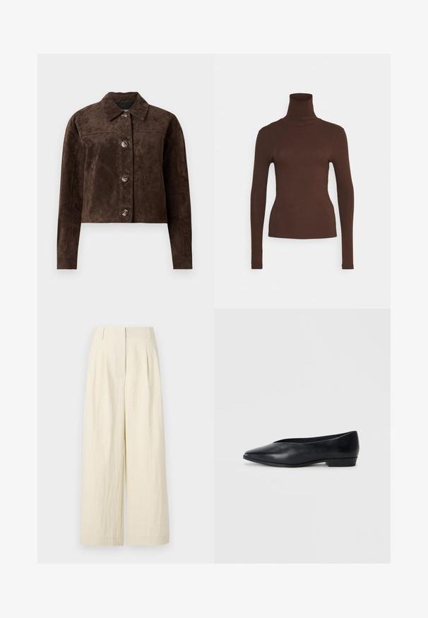 Brown suede jacket with a collared neck, front button closure, two side pockets, and a cropped design. Smooth texture and structured shape.; Pieces PCKITTE ROLLNECK - Long sleeved top - chicory coffee; Cream-colored, wide-leg trousers made from a textured fabric. Features front pleats and a high waist, offering a loose fit throughout.; Black leather flat shoe with a pointed toe, slightly raised heel, and smooth surface. Simple design with no visible hardware or patterns.