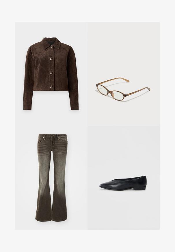 Brown suede jacket with a collared neck, front button closure, two side pockets, and a cropped design. Smooth texture and structured shape.; Pieces PCKITTE ROLLNECK - Long sleeved top - chicory coffee; Flared jeans in dark gray fabric with a faded finish. Features five pockets, front button closure, and subtle stitching details.; Black leather flat shoe with a pointed toe, slightly raised heel, and smooth surface. Simple design with no visible hardware or patterns.; Brown tortoiseshell glasses with oval lenses, thin arms, and transparent accents. Features a subtle logo on the temple. Sleek, lightweight design.; Black leather handbag with braided handles, zipper pocket, and hanging tassels. Textured surface with metal studs and hardware accents.