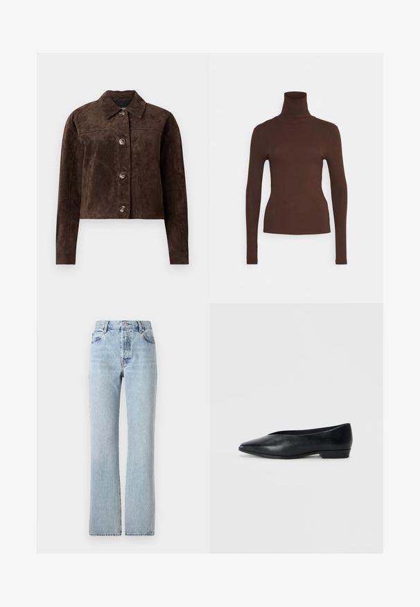 Smešani smeđi suknjeni kaput s ovratnikom, prednjim gumbima, dva bočna džepa i skraćenim dizajnom. Glatka tekstura i strukturirani oblik.; Pieces PCKITTE ROLLNECK - Top dugih rukava - chicory coffee; Svijetloplavi traperice s visokim strukom, ravnim nogavicama, klasičnim dizajnom s pet džepova i suptilnim izblijedjenjem.; Crne kožne ravne cipele s šiljastim vrhom, lagano podignutom petom i glatkom površinom. Jednostavan dizajn bez vidljivih tvrdih dijelova ili uzoraka.