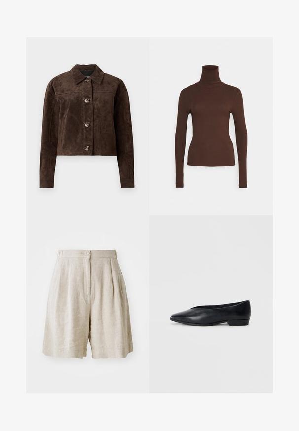 Hnedá semišová bunda s golierom, predným zapínaním na gombíky, dvoma bočnými vreckami a skráteným strihom. Hladká textúra a štruktúrovaný tvar.; Pieces PCKITTE ROLLNECK - Top s dlhým rukávom - chicory coffee; Béžové ľanové šortky s uzáverom na gombík, s plisovaným predným dielom a bočnými vreckami. Tkanina má textúrovaný povrch, čo zaisťuje pohodlné nosenie.; Čierne kožené ploché topánky s ostrou špičkou, mierne vyvýšeným podpätkom a hladkým povrchom. Jednoduchý dizajn bez viditeľného hardvéru alebo vzorov.