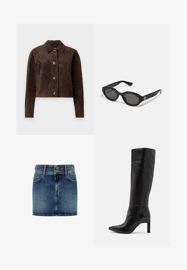 Pruun suède jakk, millel on kaelus, esine nööbid, kaks küljetaskut ja lühendatud disain. Sile tekstuur ja struktureeritud kuju.; Must musta lühike T-särk, mis on valmistatud puuvillast, ümmarguse kaelusega ja lühikeste, laia lõikega varrukatega, mis tagavad vabalt voolava istuvuse. Sile tekstuur, lihtne disain.; Pepe Jeans Teksaseelik - denim; Sääre pikkused mustad nahast stilettokontsaga saapad terava ninaga ja siledat tekstuuri. Kontsad on plokkstiilis, mis lisab kujundusele stabiilsust.; Mustad mustad prillid tumedate läätsedega ja läikiva plastraamiga. Omab kuldset logo põlveosal, pakkudes stiilset ja kaasaegset disaini.