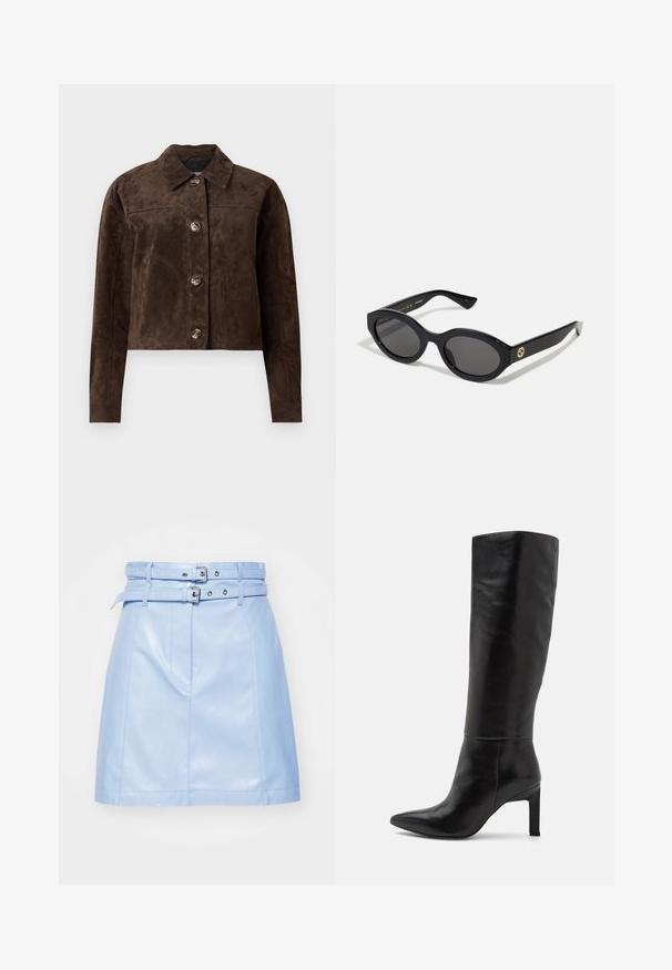 Hnedá semišová bunda s golierom, predným zapínaním na gombíky, dvoma bočnými vreckami a skráteným strihom. Hladká textúra a štruktúrovaný tvar.; Čierny krátky tričko vyrobené z bavlny, s okrúhlym výstrihom a krátkymi, širokými rukávmi pre voľný strih. Hladká textúra, jednoduchý dizajn.; Svetlomodrá kožená mini sukňa s dvojitým detailom opaska, prednými vreckami a hladkou textúrou. Má strieborné kovanie a čisté línie.; Čierne kožené čižmy na vysokom opätku s dĺžkou po kolená, špicatou špičkou a hladkým povrchom. Opätok má blokový tvar, čo pridáva stabilitu k dizajnu.; Čierne oválne slnečné okuliare s tmavými sklami a lesklým plastovým rámom. Obsahujú zlaté logo na stráne, čo im dáva elegantný a moderný dizajn.