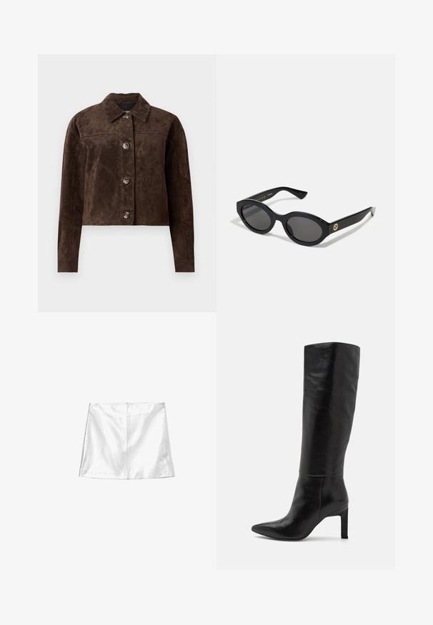 Brūns zamšs mētelis ar apkakli, priekšējo pogu aizdari, divām sānu kabatām un īsu dizainu. Gluda tekstūra un strukturēta forma.; Melns īsais krekls, ko izgatavo no kokvilnas, ar noapaļotu kakla izgriezumu un īsām, plašām piedurknēm, kas nodrošina brīvu piegājienu. Gluda tekstūra, vienkāršs dizains.; Balta mini svārki ar gludu un spīdīgu tekstūru, ar taisnu griezumu un nemanāmu aizmugurējo rāvējslēdzēju.; Ceļa auguma melni ādas stiletto zābaki ar smailu pirkstu un gludu tekstūru. Papēdis ir bloka tipa, kas piešķir stabilitāti dizainam.; Melnas ovālās saulesbrilles ar tumšiem stikliem un spīdīgu plastmasas rāmi. Iezīmētas ar zelta logo uz tempļa, nodrošinot elegantu un modernu dizainu.