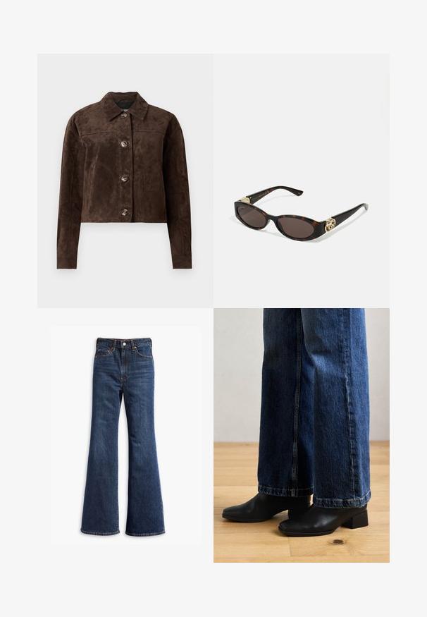 Smešani smeđi suknjeni kaput s ovratnikom, prednjim gumbima, dva bočna džepa i skraćenim dizajnom. Glatka tekstura i strukturirani oblik.; Crna skraćena majica od pamučnog materijala, s okruglim izrezom i kratkim, širokim rukavima za slobodniji kroj. Glatka tekstura, jednostavan dizajn.; Traperice tamnoplave boje s visokim strukom, širokim nogavicama, prednjim kopčanjem na dugme i patentni zatvarač, te dizajnom s pet džepova.; Crne kožne čizme do gležnja s četvrtastim vrhom i niskim blokovima, uparene s trapericama širokih nogavica u plavoj boji, na drvenom podu.; Suncane naočale od kornjačevine s izduženim ovalnim lećama, smešnim nijansama, zlatnim logotipom na drškama i elegantnim crnim krakovima.; Smeđa torba od umjetne sued kože s dva čvrsta ručka, strukturiranim oblikom i minimalističkim dizajnom, s diskretnim akcentima šivanja.