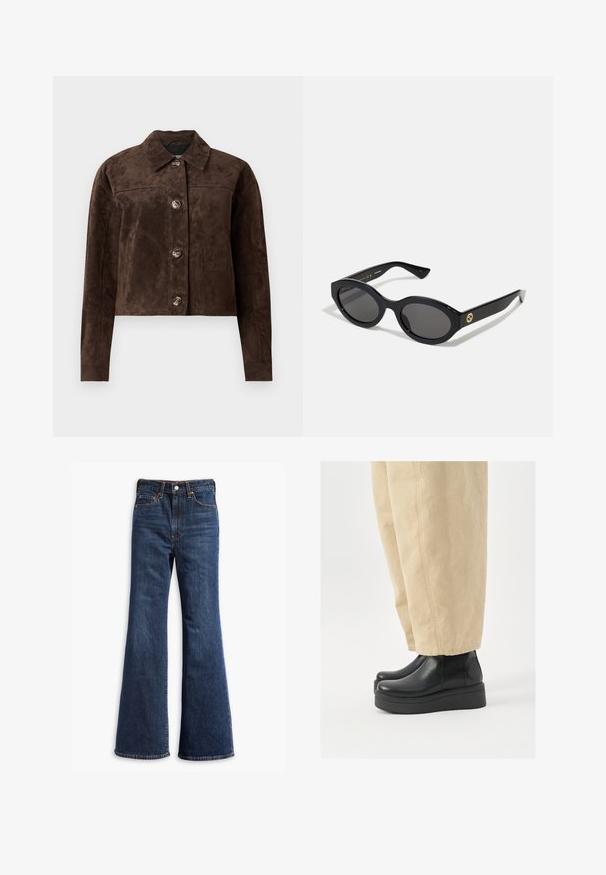 Casaco de camurça castanho com gola, fecho frontal de botões, dois bolsos laterais e um design cropped. Textura suave e forma estruturada.; T-shirt cropped preto feito de algodão, com decote redondo e mangas curtas e largas para um ajuste solto. Textura suave, design simples.; Jeans de ganga escura de cintura alta com pernas largas, fecho de botão e zipper na frente, e design de cinco bolsos.; Botas de tornozelo em pele preta com bico arredondado e sola de plataforma. Combinadas com calças largas bejes, com detalhes de costura visíveis.; Óculos de sol ovais pretos com lentes escuras e armação de plástico brilhante. Apresenta um logotipo dourado na haste, oferecendo um design elegante e moderno.; Bolsa tote em efeitos de camurça castanha, com duas alças robustas, uma forma estruturada e um design minimalista, apresentando sutis acabamentos de costura.