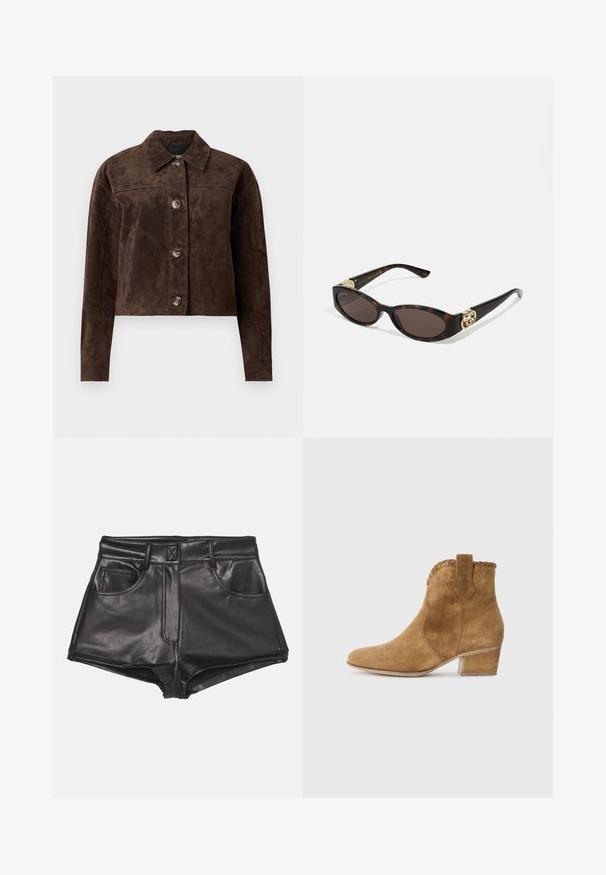 Brązowa kurtka ze zamszu z kołnierzykiem, z przodu na guziki, dwoma bocznymi kieszeniami i skróconym krojem. Gładka faktura i zróżnicowany kształt.; Czarny krótki t-shirt wykonany z bawełny, z okrągłym dekoltem i krótkimi, szerokimi rękawami, zapewniającymi luźny fason. Gładka tekstura, prosty design.; Czarne szorty z ekologicznej skóry z wysokim stanem, z dwiema przednimi kieszeniami, widocznym przeszyciem i gładką fakturą.; Karmelowe zamszowe botki za kostkę z ostrym noskiem, teksturowanym wykończeniem przy kołnierzu oraz dużym obcasem. Posiadają uchwyt z tyłu ułatwiający zakładanie.; Słoneczne okulary w kolorze żółwi z wydłużonymi owalnymi soczewkami, brązowym odcieniem, złotymi akcentami logo na zausznikach oraz smukłymi czarnymi ramionami.; Brązowa torebka tote z sztucznego zamszu, z dwiema solidnymi rączkami, o wyraźnym kształcie i minimalistycznym designie, z subtelnymi akcentami w postaci przeszyć.