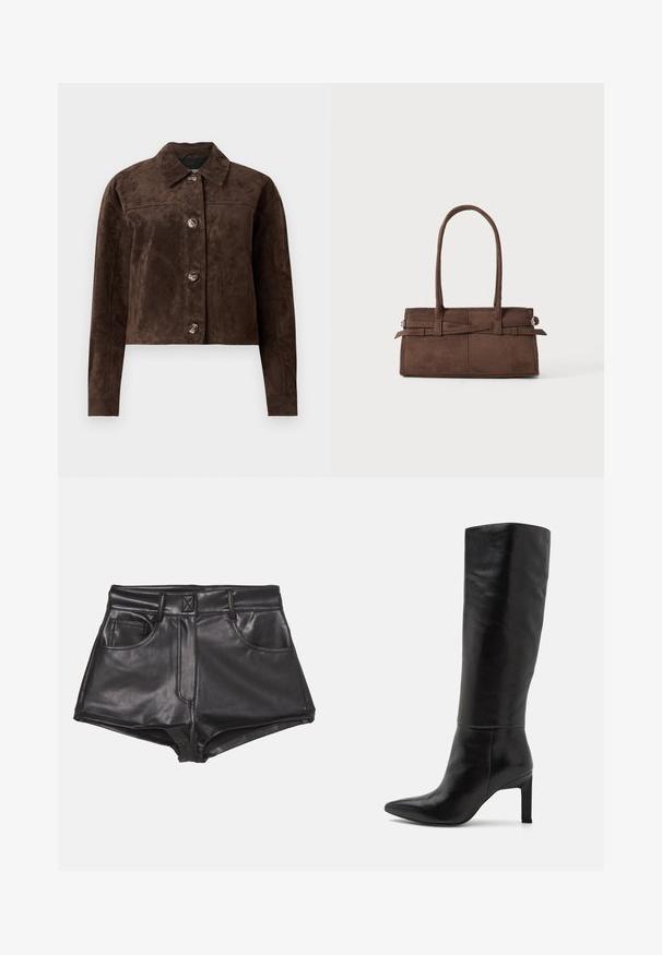 Hnědá semišová bunda s límečkem, popperovým zapínáním v přední části, dvěma bočními kapsami a zkráceným střihem. Hladká textura a strukturovaný tvar.; Černé zkrácené tričko vyrobené z bavlny, s kulatým výstřihem a krátkými širokými rukávy pro volný fit. Hladká textura, jednoduchý design.; Černé šortky z umělé kůže s vysokým pasem, které mají dvě přední kapsy, viditelné švy a hladkou texturu.; Kozačky až po kolena z černé kůže na jehlovém podpatku s špičatou špičkou a hladkým povrchem. Podpatek je ve stylu bloku, což zajišťuje stabilitu designu.; Hnědá semišová kabelka se dvěma pevnými uchy, obdélníkovým tvarem a dekorativním páskem přes přední stranu.