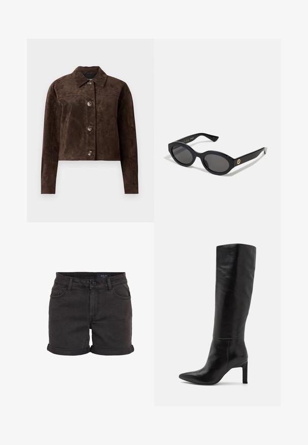 Brown suede jacket with a collared neck, front button closure, two side pockets, and a cropped design. Smooth texture and structured shape.; Black cropped t-shirt made of cotton, featuring a round neckline and short, wide sleeves for a loose fit. Smooth texture, simple design.; Black denim shorts with rolled cuffs, featuring a five-pocket design and a button closure at the waist. Smooth texture, casual fit.; Knee-high black leather stiletto boots with a pointed toe and smooth texture. The heel is block-style, adding stability to the design.; Black oval sunglasses with dark lenses and glossy plastic frame. Features gold logo on the temple, offering a sleek and modern design.
