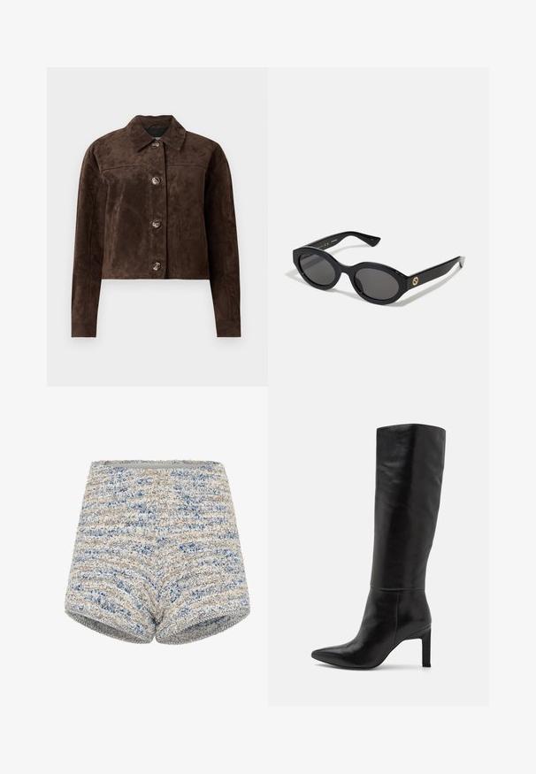 Pruun suède jakk, millel on kaelus, esine nööbid, kaks küljetaskut ja lühendatud disain. Sile tekstuur ja struktureeritud kuju.; Must musta lühike T-särk, mis on valmistatud puuvillast, ümmarguse kaelusega ja lühikeste, laia lõikega varrukatega, mis tagavad vabalt voolava istuvuse. Sile tekstuur, lihtne disain.; Kootud lühikesed püksid, millel on tekstuuriga kangas siniste ja beežide triipudega, sirge vööosa ja entusiastlik siluett.; Sääre pikkused mustad nahast stilettokontsaga saapad terava ninaga ja siledat tekstuuri. Kontsad on plokkstiilis, mis lisab kujundusele stabiilsust.; Mustad mustad prillid tumedate läätsedega ja läikiva plastraamiga. Omab kuldset logo põlveosal, pakkudes stiilset ja kaasaegset disaini.