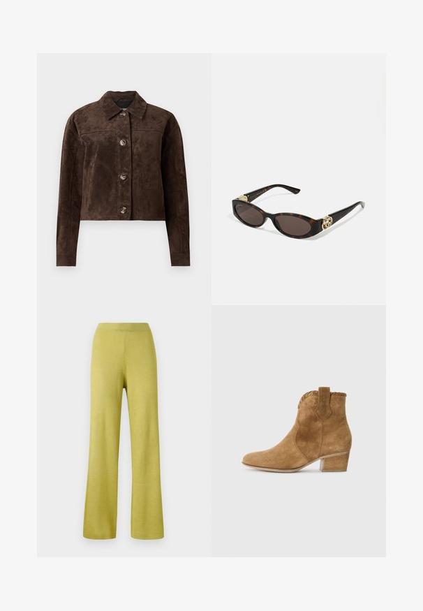 Ruskea mokkaliivi, jossa on kauluskanta, etupainikekiinnitys, kaksi sivutaskua ja lyhyt muotoilu. Sujuva pinta ja jämäkkä muoto.; Musta lyhythihainen puuvillapaita, jossa on pyöreä pääntie ja lyhyet, leveät hihat rentoa istuvuutta varten. Silkkinen pinta, yksinkertainen muotoilu.; Keltaiset ribbitekniikalla kudotut housut, joissa on rento istuvuus, leveät lahkeet ja joustava vyötärö. Pintarakenteen näkyy olevan pehmeä ja joustava.; Tan-nahka saapas nilkkamitta, terävä kärki, teksturoitu nauha kauluksessa ja lohkarekorko. Varustettu vetoketjulla helppoa pukemista varten.; Silmärilakkiset tortoiseshell-aurinkolasit, joissa on pitkänomaiset ovaalit linssit, ruskea sävy, kultaiset logo-koristeet temppeleissä ja sulavalinjaiset mustat varret.; Ruskea tekosuoletotepussi, jossa on kaksi tukevampaa kahvaa, jämäkkä muoto ja minimalistinen muotoilu, joka sisältää hienovaraisia ompeluakselointeja.