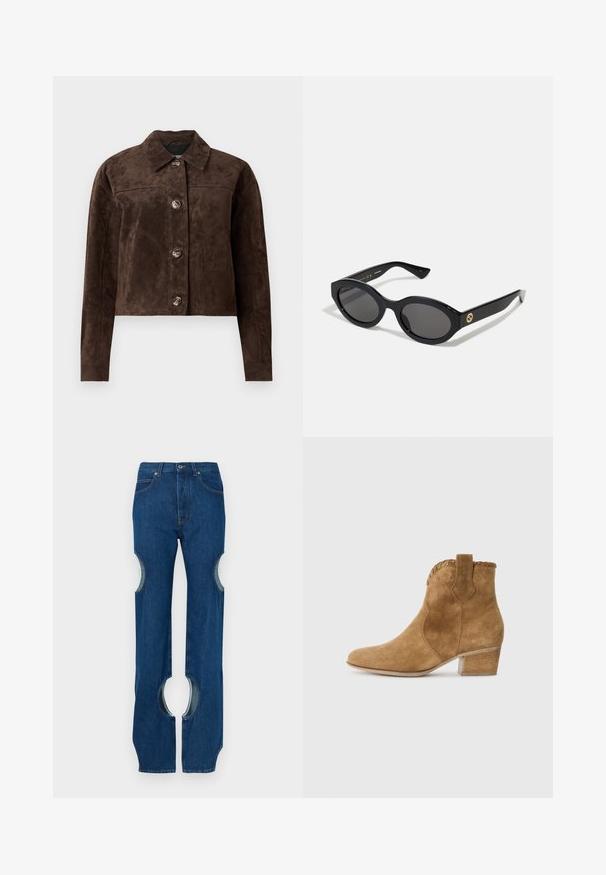Brūns zamšs mētelis ar apkakli, priekšējo pogu aizdari, divām sānu kabatām un īsu dizainu. Gluda tekstūra un strukturēta forma.; Melns īsais krekls, ko izgatavo no kokvilnas, ar noapaļotu kakla izgriezumu un īsām, plašām piedurknēm, kas nodrošina brīvu piegājienu. Gluda tekstūra, vienkāršs dizains.; Tumši zili džinsa džinsi ar izgriezuma detaļām ārējā augšstilbā, taisnas kājas dizains un kontrastējošas šuves gar šuvēm.; Pūka brūna zamšādas potīšu zābaki ar smailo purngalu, teksturētu apdari apkaklītes daļā un bloku papēdi. Satur cilpu, kas atvieglo uzvilkšanu.; Melnas ovālās saulesbrilles ar tumšiem stikliem un spīdīgu plastmasas rāmi. Iezīmētas ar zelta logo uz tempļa, nodrošinot elegantu un modernu dizainu.