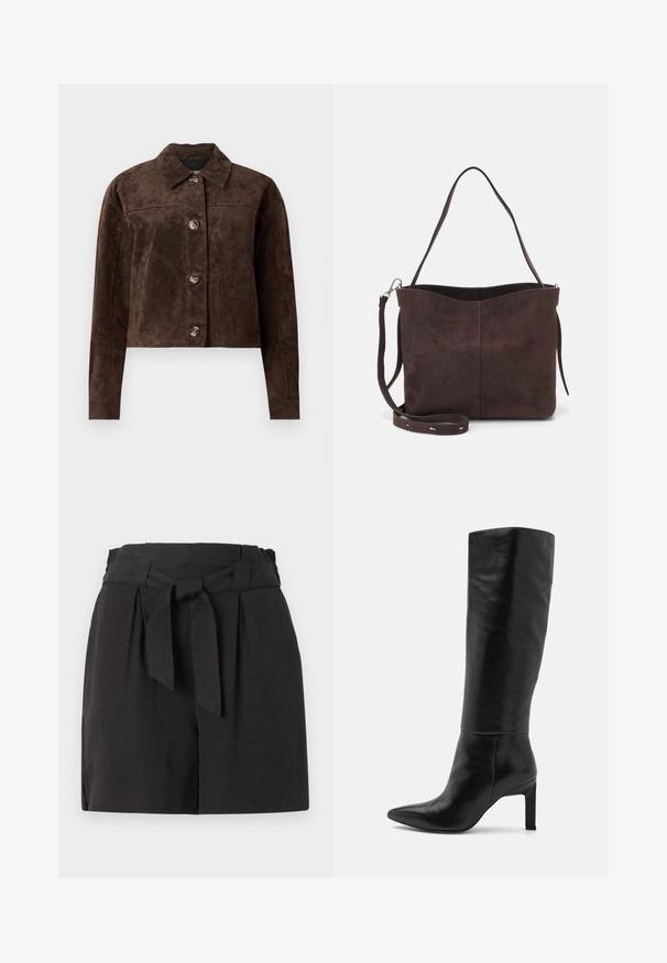 Ruskea mokkaliivi, jossa on kauluskanta, etupainikekiinnitys, kaksi sivutaskua ja lyhyt muotoilu. Sujuva pinta ja jämäkkä muoto.; Musta lyhythihainen puuvillapaita, jossa on pyöreä pääntie ja lyhyet, leveät hihat rentoa istuvuutta varten. Silkkinen pinta, yksinkertainen muotoilu.; Mustat shortsit, joissa on taitettu vyötärö ja nauhat yksityiskohtana. Valmistettu sileästä kankaasta, jossa on räätälöity leikkaus ja sivuhalkio mukavuutta varten.; Saapikkaat, jotka ulottuvat polveen, mustaa nahkaa, stiletto-korko ja terävä nokka, sileä materiaali. Korko on lohkotyyppinen, mikä tuo vakautta muotoiluun.; Ruskea mokkanahkainen kassi, jonka pinta on pehmeä. Kassissa on yksi olkahihna ja hienovarainen, kaareva yläaukeama. Ei näkyviä metalliosia.