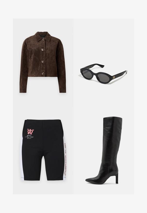 Jachetă din suede maro cu guler, închidere frontală cu butoane, două buzunare laterale și un design scurt. Textură netedă și formă structurată.; Tricou negru scurt, confecționat din bumbac, cu guler rotund și mâneci scurte, largi, pentru un fit lejer. Textură netedă, design simplu.; Shorts atletici negri cu panouri laterale albe, având un logo și text roz pe față. Realizați dintr-un material elastic, proiectați pentru confort.; Botine negre din piele, cu toc stiletto, până la genunchi, cu vârf ascuțit și textură netedă. Tocul are un stil bloc, adăugând stabilitate designului.; Ochelari de soare ovali negri cu lentile întunecate și ramă din plastic lucios. Prezintă un logo aurit pe bradă, oferind un design elegant și modern.