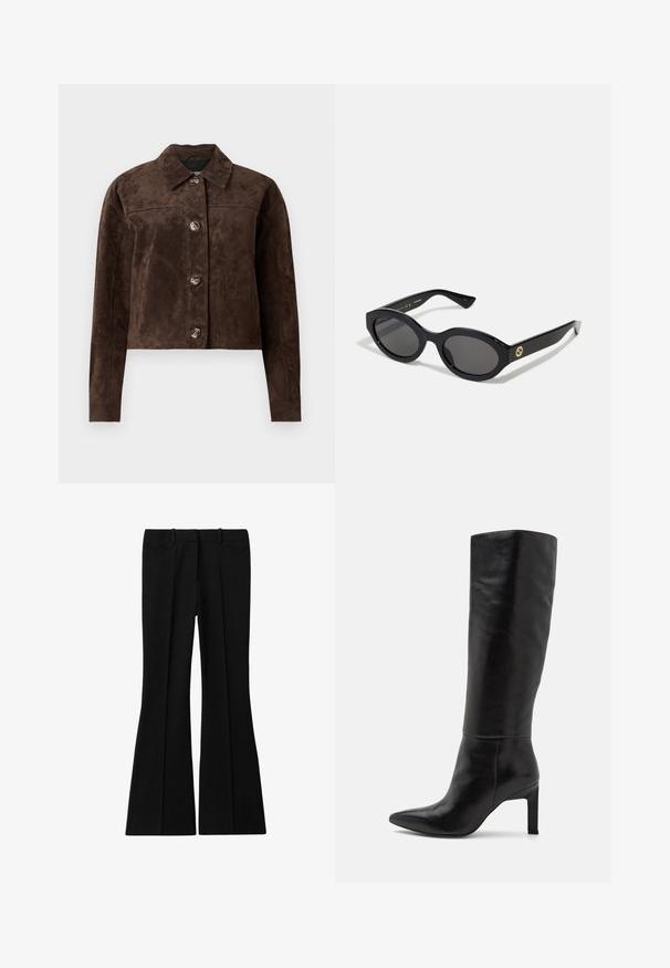 Brūns zamšs mētelis ar apkakli, priekšējo pogu aizdari, divām sānu kabatām un īsu dizainu. Gluda tekstūra un strukturēta forma.; Melns īsais krekls, ko izgatavo no kokvilnas, ar noapaļotu kakla izgriezumu un īsām, plašām piedurknēm, kas nodrošina brīvu piegājienu. Gluda tekstūra, vienkāršs dizains.; Reiss GABI FLARED - Auduma bikses - black; Ceļa auguma melni ādas stiletto zābaki ar smailu pirkstu un gludu tekstūru. Papēdis ir bloka tipa, kas piešķir stabilitāti dizainam.; Melnas ovālās saulesbrilles ar tumšiem stikliem un spīdīgu plastmasas rāmi. Iezīmētas ar zelta logo uz tempļa, nodrošinot elegantu un modernu dizainu.; Brūna zamšāda rokas soma ar diviem izturīgiem rokturiem, taisnstūra formā un dekoratīvu joslu detaļu priekšpusē.