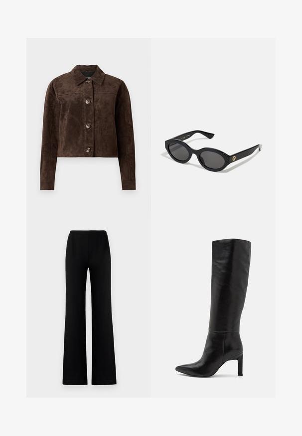 Barna velúr dzseki galléros nyakkal, elöl gombos záródással, kettő oldalsó zsebbel és cropped (rövidített) fazonnal. Simább textúra és formált alak.; Fekete, crop fazonú pamut póló, kerek nyakkivágással és rövid, széles ujjal az laza illeszkedés érdekében. Simább textúra, egyszerű dizájn.; Fekete, bő lábú nadrág, puha anyagból, rugalmas derékpánttal, sima textúrával, látható zsebek vagy díszítések nélkül.; Térdig érő fekete bőr magassarkú csizma, hegyes orral és sima felülettel. A sarok blokk stílusú, ami stabilitást ad a kialakításnak.; Fekete ovális napszemüveg sötét lencsékkel és fényes műanyag kerettel. Aranyszínű logóval rendelkezik a szárán, amely elegáns és modern megjelenést biztosít.