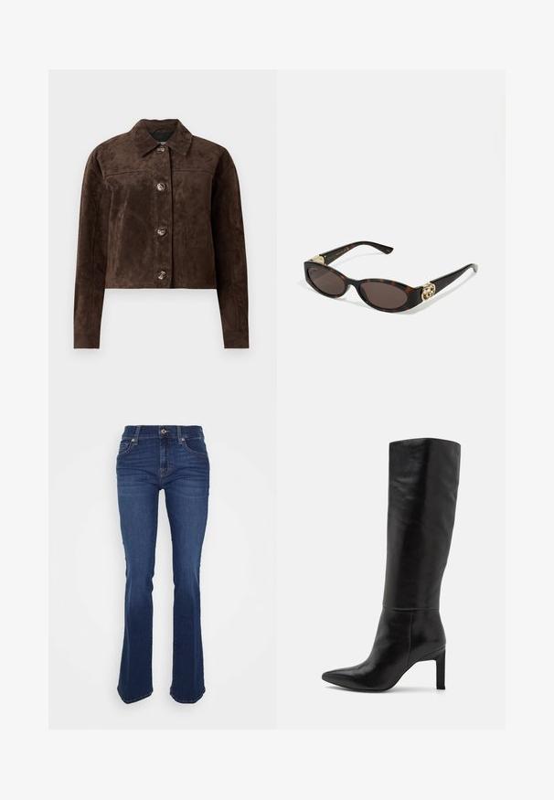 Giacca in suede marrone con collo, chiusura anteriore con bottoni, due tasche laterali e design cropped. Texture liscia e forma strutturata.; T-shirt nera cropped in cotone, con scollatura rotonda e maniche corte e larghe per una vestibilità comoda. Tessuto morbido, design semplice.; Jeans svasati blu in denim, con vita alta, tasche frontali e cuciture a contrasto. Il tessuto ha una texture liscia.; Stivali in pelle nera alti fino al ginocchio con punta affusolata e texture liscia. Il tacco è di tipo blocco, aggiungendo stabilità al design.; Occhiali da sole tartarugati con lenti ovali allungate, tonalità marrone, accenti dorati con logo sulle tempie e aste nere eleganti.