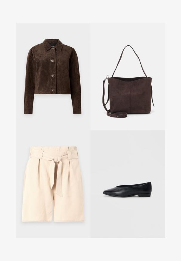 Brązowa kurtka ze zamszu z kołnierzykiem, z przodu na guziki, dwoma bocznymi kieszeniami i skróconym krojem. Gładka faktura i zróżnicowany kształt.; Czarny krótki t-shirt wykonany z bawełny, z okrągłym dekoltem i krótkimi, szerokimi rękawami, zapewniającymi luźny fason. Gładka tekstura, prosty design.; Beżowe szorty z wysokim stanem, z wiązaniem z przodu, fałdowanym wzornictwem i gładką fakturą materiału. Czysty, dopasowany kształt i brak widocznych wzorów.; Czarne skórzane płaskie buty z szpiczastym czubkiem, lekko podwyższonym obcasem i gładką powierzchnią. Prosty design bez widocznych elementów metalowych czy wzorów.; Brązowa surowa torba na ramię o miękkiej fakturze, z pojedynczym paskiem na ramię i subtelnym, zakrzywionym otwarciem u góry. Brak widocznych detali metalowych.