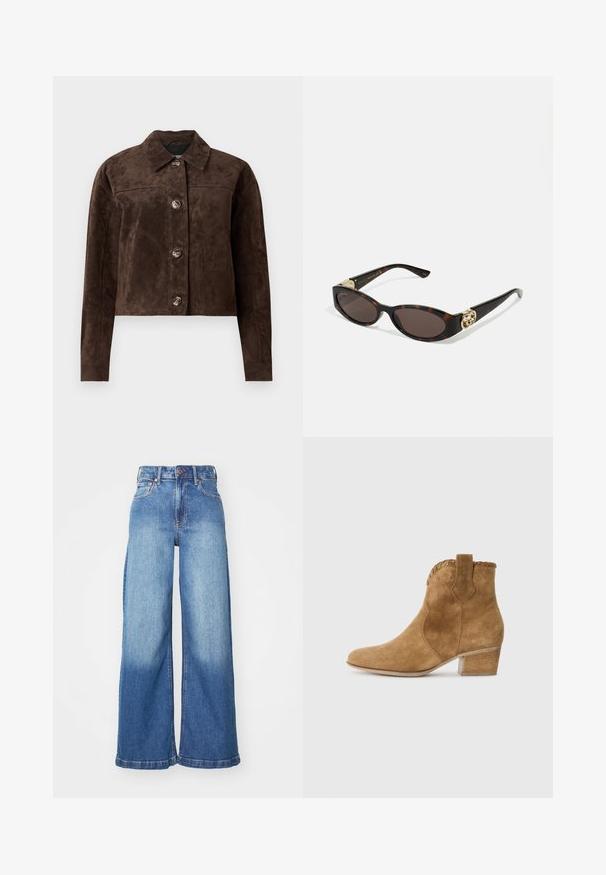 Barna velúr dzseki galléros nyakkal, elöl gombos záródással, kettő oldalsó zsebbel és cropped (rövidített) fazonnal. Simább textúra és formált alak.; Fekete, crop fazonú pamut póló, kerek nyakkivágással és rövid, széles ujjal az laza illeszkedés érdekében. Simább textúra, egyszerű dizájn.; Magas derekú, bő szárú kék farmernadrág, elülső gombbal, cipzárral és klasszikus öt zsebes kialakítással.; Barna velúr bokacsizma hegyes orral, textúrált díszítéssel a nyakon és tömbsarkal. Húzófüllel a könnyű felhúzás érdekében.; Tortából készült napszemüveg, hosszúkás ovális lencsékkel, barna színű árnyalattal, arany logóval a fülkagylón, és karcsú fekete szárakkal.; Barna műsuede bevásárlótáska, két erős fogantyúval, strukturált formával és minimalista dizájnnal, finom varrási díszítéssel.
