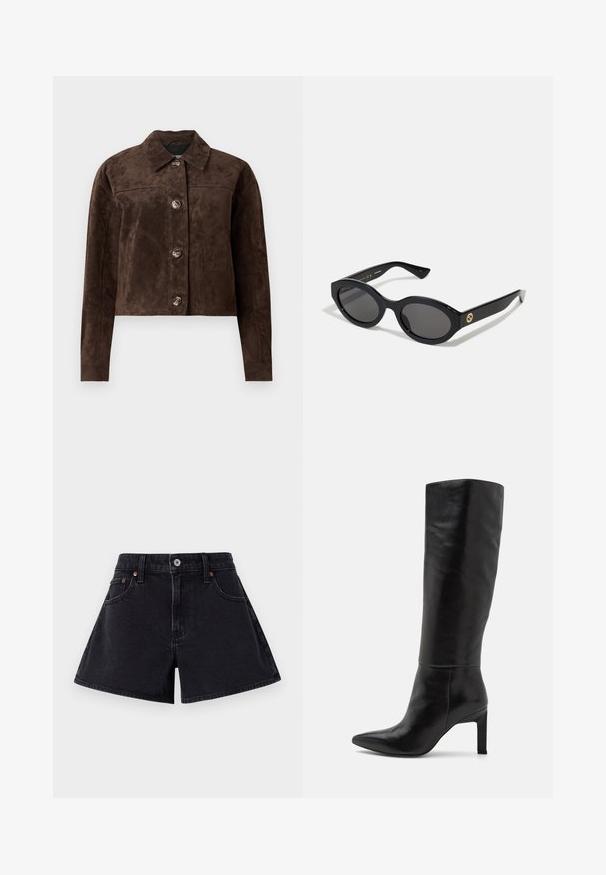 Veste en daim marron avec un col, fermeture à boutons sur le devant, deux poches latérales et un design court. Texture lisse et forme structurée.; T-shirt noir court en coton, avec un col rond et des manches courtes larges pour un ajustement ample. Texture lisse, design simple.; Shorts en denim noir à taille haute, avec fermeture à bouton devant, design à cinq poches et une coupe légèrement évasée.; Bottes noires en cuir à talons aiguilles, montant jusqu'au genou, avec une pointe fine et une texture lisse. Le talon est de style bloc, ajoutant de la stabilité au design.; Lunettes de soleil ovales noires avec des verres sombres et une monture en plastique brillant. Présente un logo doré sur la branche, offrant un design épuré et moderne.