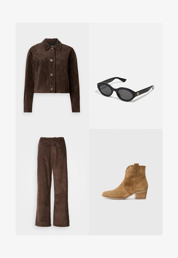 Brun ruskindsjakke med krave, frontknaplukning, to sidelommer og cropped design. Glat tekstur og struktureret form.; Sort cropped t-shirt lavet af bomuld, med rund halsudskæring og korte, brede ærmer for en løs pasform. Glat tekstur, enkelt design.; Brune fløjl bukser med en bred benudskæring, der har lodrette ribber og en talje. Stoffet har et blødt, tekstureret udseende.; Tan semsket ankelstøvle med spids tå, tekstureret kant ved kraven og blokhæle. Har en trækflap for nem påføring.; Sorte ovale solbriller med mørke linser og blank plastramme. Har et guldlogo på stykket, hvilket giver et slankt og moderne design.; Brun faux suede tote bag med to stabile håndtag, en struktureret form og minimalistisk design, med subtile syninger som accent.