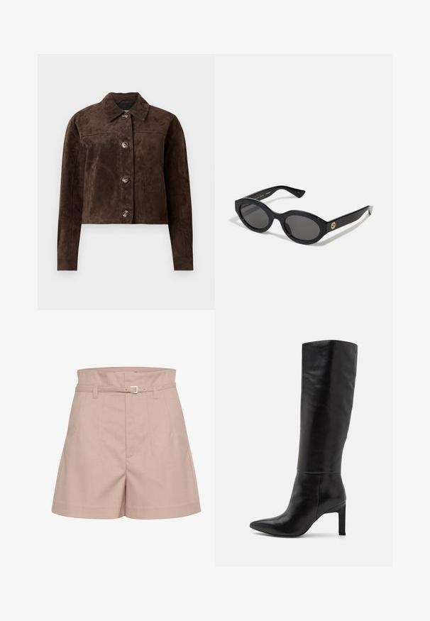 Barna velúr dzseki galléros nyakkal, elöl gombos záródással, kettő oldalsó zsebbel és cropped (rövidített) fazonnal. Simább textúra és formált alak.; Fekete, crop fazonú pamut póló, kerek nyakkivágással és rövid, széles ujjal az laza illeszkedés érdekében. Simább textúra, egyszerű dizájn.; Világos rózsaszín, szabott sort, texturált anyagból készült, széles derékrésszel, övcsatolókkal és ezüst színű csatokkal.; Térdig érő fekete bőr magassarkú csizma, hegyes orral és sima felülettel. A sarok blokk stílusú, ami stabilitást ad a kialakításnak.; Fekete ovális napszemüveg sötét lencsékkel és fényes műanyag kerettel. Aranyszínű logóval rendelkezik a szárán, amely elegáns és modern megjelenést biztosít.