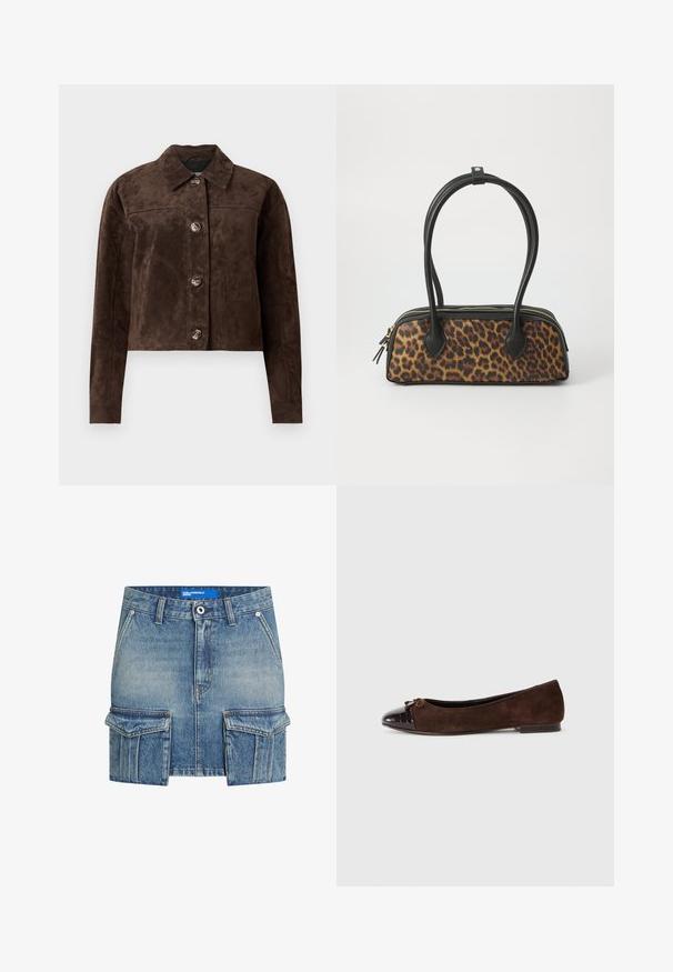 Jachetă din suede maro cu guler, închidere frontală cu butoane, două buzunare laterale și un design scurt. Textură netedă și formă structurată.; Top cu bretele subțiri, de culoare roz deschis, realizat dintr-un material moale și elastic. Dispune de un decolteu rotund și bretele înguste, având o textură fină și o formă ajustată.; Fustă mini din denim de culoare albastru deschis, cu un aspect uzat. Prezintă două buzunare mari în față și închidere cu buton în față. Se poate spăla la mașină.; Balerini din suede maro, cu vârful din piele lac maro închis și un accent subțire sub formă de fundiță în față. Toc plat.; Geantă de mână cu imprimeu leopard, bază din piele ecologică neagră, manere superioare duale, fermoar aurit și capse accentuate din piele ecologică neagră. Formă rectangulară.