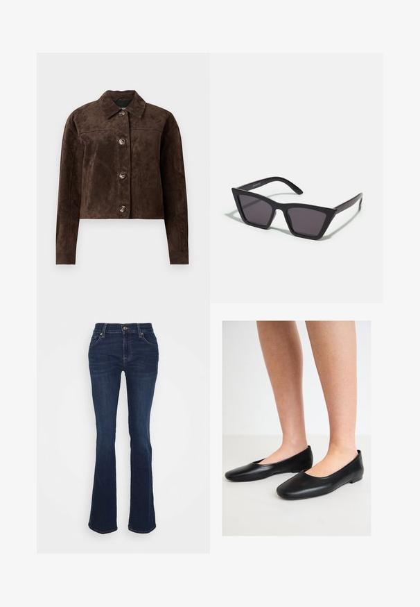 Brązowa kurtka ze zamszu z kołnierzykiem, z przodu na guziki, dwoma bocznymi kieszeniami i skróconym krojem. Gładka faktura i zróżnicowany kształt.; Czarna bluzka na jedno ramię wykonana z miękkiego, elastycznego materiału, o dopasowanym kroju i marszczonym detalu po boku. W zestawie cienki, regulowany ramiączko.; Niebieskie dżinsy typu flare, wykonane z denimu; wysoki stan, pięć kieszeni, złote detale, gładka tekstura z subtelnym zafarbowaniem na udach.; Czarne baleriny wykonane z gładkiej skóry, z zaokrąglonym noskiem i niską, płaską podeszwą, charakteryzujące się designem wsuwanym i brakiem widocznych elementów metalowych.; Czarne, kanciaste okulary przeciwsłoneczne z szarymi soczewkami; wykonane z plastiku, z grubymi zausznikami o gładkiej powierzchni i bez widocznych elementów metalowych.; Brązowa skórzana torebka na ramię z dwoma solidnymi uchwytami, prostokątny kształt, gładka faktura i zamek błyskawiczny. Minimalistyczny design bez widocznych wzorów.