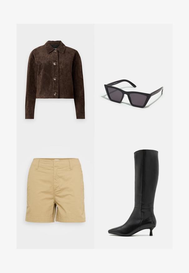 Chaqueta de ante marrón con cuello tipo solapa, cierre frontal de botones, dos bolsillos laterales y un diseño corto. Textura suave y forma estructurada.; Top negro de un solo hombro hecho de una tela suave y elástica con un diseño ajustado y detalles fruncidos en el costado. Incluye una fina banda ajustable.; Pantalones cortos de algodón color beige con un diseño a medida, que cuentan con bolsillos frontales y presillas para cinturón, textura suave y dobladillo recto.; Zign Botas - black; Gafas de sol negras y angulares con lentes grises; fabricadas en plástico, con varillas gruesas de superficie suave y sin herrajes visibles.