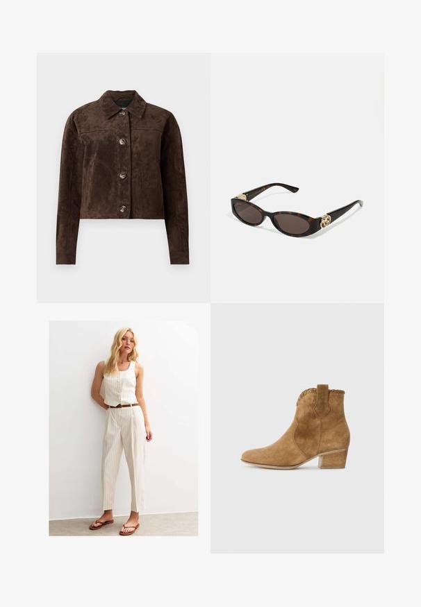 Bruine suède jas met een kraag, knoopsluiting aan de voorkant, twee zijzakken en een cropped ontwerp. Glad materiaal en gestructureerde vorm.; Langsleeve, ronde hals t-shirt in donkerbruin, gemaakt van jersey stof. Kenmerkt zich door een fitted ontwerp met een gladde textuur en minimale stikseldetails.; Beige gestreept mouwloos topje met knopen, gecombineerd met hoge taille rechte broek. Een bruine riem en platte sandalen maken de look compleet.; Tan suède enkellaars met een spitse neus, textuur trim bij de kraag, en een blokhak. Voorzien van een trekband voor gemakkelijke aantrekking.; Schildpadbril met langwerpige ovale lenzen, bruine tint, gouden logo-accenten op de pootjes en slanke zwarte armen.; Bruine neplederen tote bag met twee stevige handvatten, een gestructureerde vorm en een minimalistisch ontwerp, met subtiele stikselaccenten.