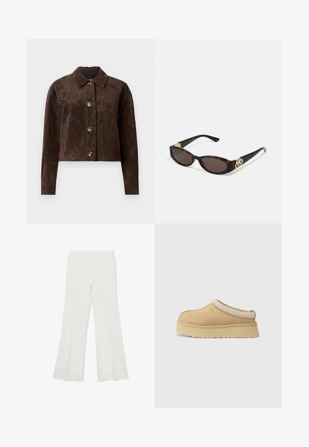 Bruine suède jas met een kraag, knoopsluiting aan de voorkant, twee zijzakken en een cropped ontwerp. Glad materiaal en gestructureerde vorm.; Langsleeve, ronde hals t-shirt in donkerbruin, gemaakt van jersey stof. Kenmerkt zich door een fitted ontwerp met een gladde textuur en minimale stikseldetails.; Witte flared broeken met een gladde textuur en strakke lijnen, met een middenhoog tailleband en zonder zichtbare accessoires of patronen.; Tan suède instapschoen met een gevoerd kraagje en een gestructureerde lichtblauwe accent. Voorzien van een dikke, duurzame buitenzool met een patroon in de loop.; Schildpadbril met langwerpige ovale lenzen, bruine tint, gouden logo-accenten op de pootjes en slanke zwarte armen.; Bruine leren handtas met twee stevige handvatten, rechthoekige vorm, gladde textuur en ritssluiting. Minimalistisch ontwerp zonder zichtbare patronen.