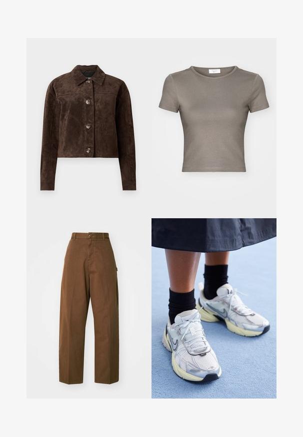 Braune Wildlederjacke mit Kragen, vorderem Knopfverschluss, zwei seitlichen Taschen und cropped Design. Glatte Textur und strukturierte Form.; Kurzärmliges T-Shirt mit Rundhalsausschnitt in Taupe, aus glattem Baumwollstoff gefertigt. Verfügt über eine taillierte Passform und feine Nähte am Saum und den Ärmeln.; Braune, weit geschnittene Hose aus robustem Stoff mit Knopfverschluss und seitlichen Taschen. Glatte Textur und gerader Schnitt.; Weiße und silberne Nike-Sneaker aus Mesh-Gewebe, mit reflektierenden Akzenten und einer beigen Sohle. Getragen mit schwarzen Socken und stehend auf einer blauen Fläche.
