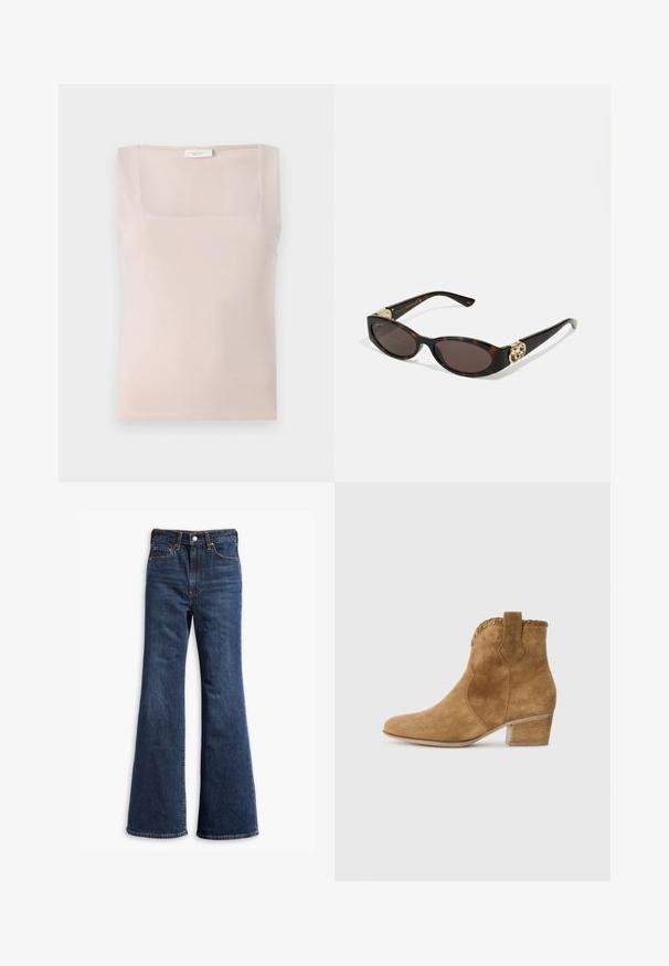 Bruine suède jas met een kraag, knoopsluiting aan de voorkant, twee zijzakken en een cropped ontwerp. Glad materiaal en gestructureerde vorm.; Lichtroze vierkante hals top van zachte stof; mouwloos ontwerp met nette stiksels en een effen textuur.; Hogegarende donkerblauwe denim jeans met flared pijpen, sluiting met een knoop en rits aan de voorkant, en ontwerp met vijf zakken.; Tan suède enkellaars met een spitse neus, textuur trim bij de kraag, en een blokhak. Voorzien van een trekband voor gemakkelijke aantrekking.; Schildpadbril met langwerpige ovale lenzen, bruine tint, gouden logo-accenten op de pootjes en slanke zwarte armen.; Bruine neplederen tote bag met twee stevige handvatten, een gestructureerde vorm en een minimalistisch ontwerp, met subtiele stikselaccenten.