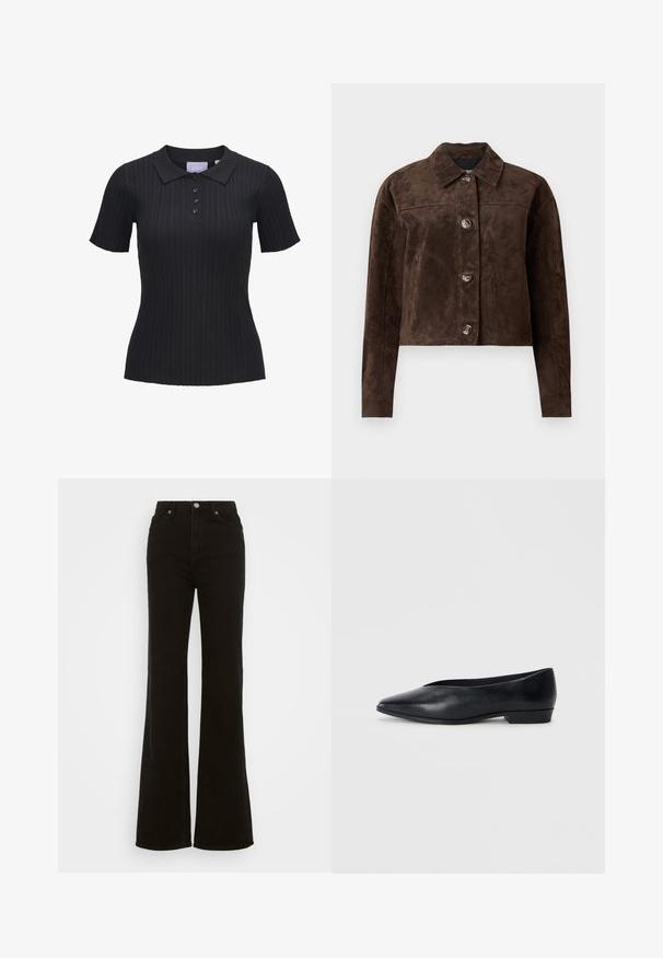 Brązowa kurtka ze zamszu z kołnierzykiem, z przodu na guziki, dwoma bocznymi kieszeniami i skróconym krojem. Gładka faktura i zróżnicowany kształt.; Czarna, prążkowana koszulka polo z krótkimi rękawami, z kołnierzykiem i pięcioma guzikami. Wykonana z teksturowanej tkaniny.; Czarne dżinsy z wysokim stanem i rozszerzanymi nogawkami, wykonane z denimu, z zapięciem na guzik, bocznymi kieszeniami oraz gładką fakturą.; Czarne skórzane płaskie buty z szpiczastym czubkiem, lekko podwyższonym obcasem i gładką powierzchnią. Prosty design bez widocznych elementów metalowych czy wzorów.