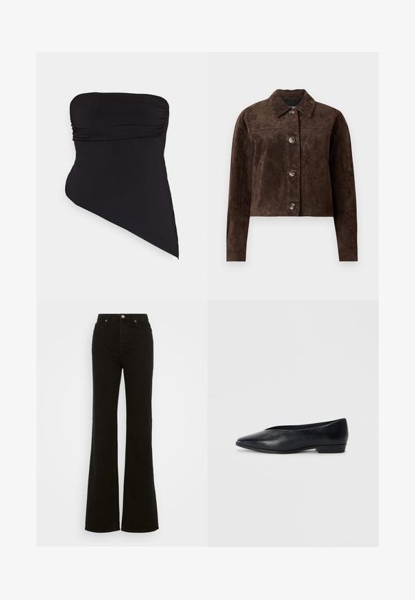 Hnědá semišová bunda s límečkem, popperovým zapínáním v přední části, dvěma bočními kapsami a zkráceným střihem. Hladká textura a strukturovaný tvar.; Černé jednodílné plavky na jedno rameno vyrobené z hladkého, elastického materiálu. Obsahují řasené detaily a asymetrický lem.; Černé riflové džíny se zvýšeným pasem a rozšířenými nohavicemi, vyrobené z denimu, s knoflíkovým zapínáním, bočními kapsami a hladkým povrchem.; Černá kožená plochá obuv s špičatou špičkou, mírně zvýšeným podpatkem a hladkým povrchem. Jednoduchý design bez viditelného kovového kování nebo vzorů.