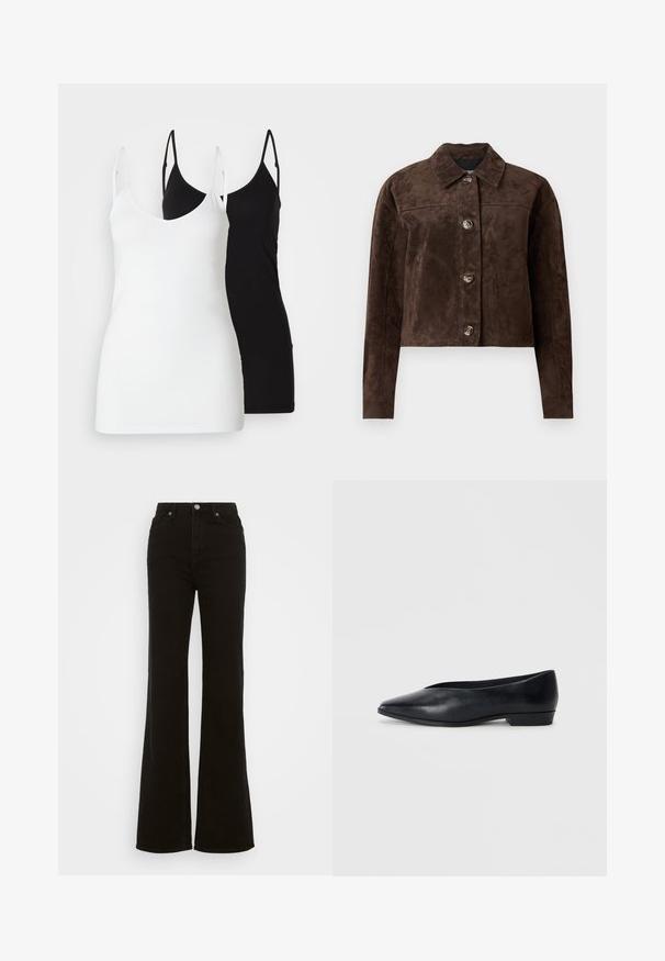 Brūns zamšs mētelis ar apkakli, priekšējo pogu aizdari, divām sānu kabatām un īsu dizainu. Gluda tekstūra un strukturēta forma.; Divas divi sieviešu topi: viens balts, otrs melns, izgatavots no mīkstas auduma, ar plānām siksnām un dziļu V veida kakla izgriezumu.; Augstas jostas melni izplūduši džinsi, kas izgatavoti no denima, ar pogu aizdari, sānu kabatām un gludu tekstūru.; Melnas ādas dzīvokļu kurpes ar norādītu purngalu, nedaudz paceltu papēdi un gludu virsmu. Vienkāršs dizains bez redzamām detaļām vai rakstiem.